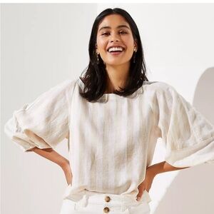 Loft puff balloon sleeve top shirt linen cream tan stripe XS